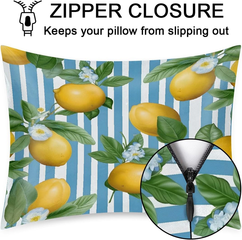 Yellow Lemon Blue Stripes Pattern Satin Pillowcase for Hair and Skin, Pillow Case Standard 2 Pack, Like Silk Pillowcases with Zipper, 20x26 in, Gifts for Women Men