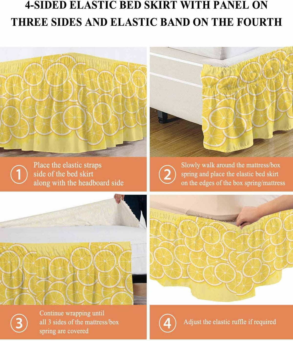 Yellow Lemon Wrap Around Bed Skirt Cal King Size, Dust Ruffled 18 Inch Tailored Drop with Adjustable Elastic Belt Pleated, Summer Botanical Watercolor Modern Art Luxury Bedding Skirts for Bedroom