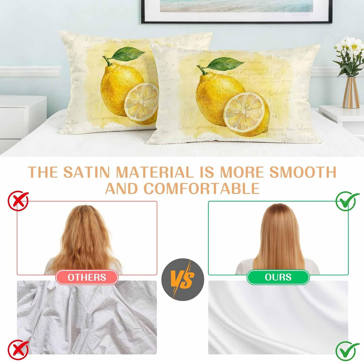 Vintage Fruit Queen Pillow Cases Set of 2, Summer Yellow Lemon Beige Satin Pillow Case Cover with Smooth Hidden Zipper Closure, Soft Throw Pillow Covers Cases for Home Decor 20X30 Inch