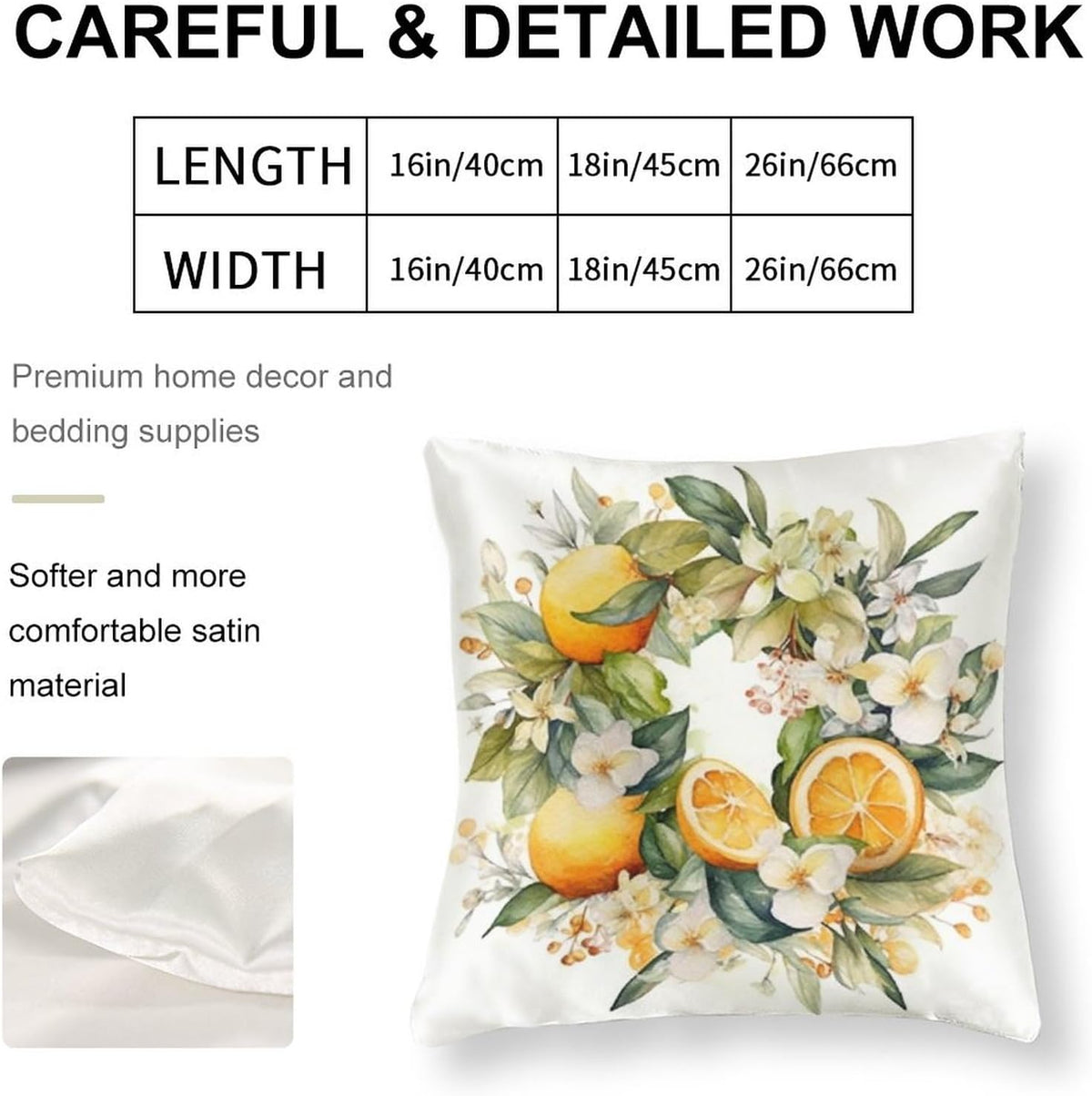 18"x18" Decorative Pillow Covers Watercolor Floral Wreath of Lemons And Flowers in Winter Satin Square Throw Pillow Covers Yellow Sweet Lemon Bed Pillows Decorative Decor for Sofa Couch Zippered