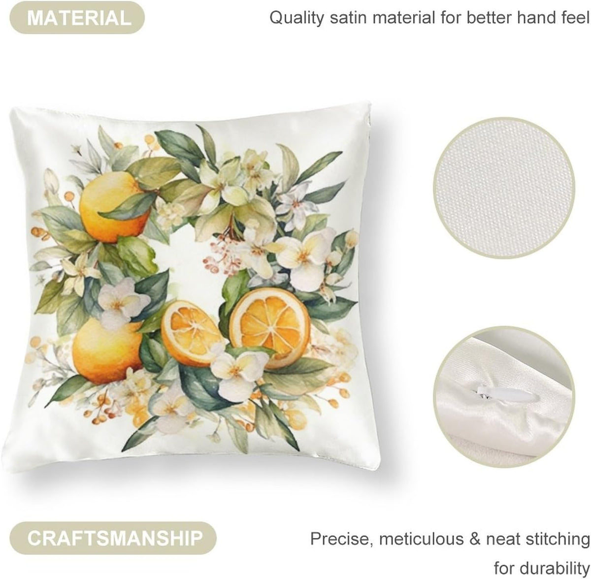 18"x18" Decorative Pillow Covers Watercolor Floral Wreath of Lemons And Flowers in Winter Satin Square Throw Pillow Covers Yellow Sweet Lemon Bed Pillows Decorative Decor for Sofa Couch Zippered