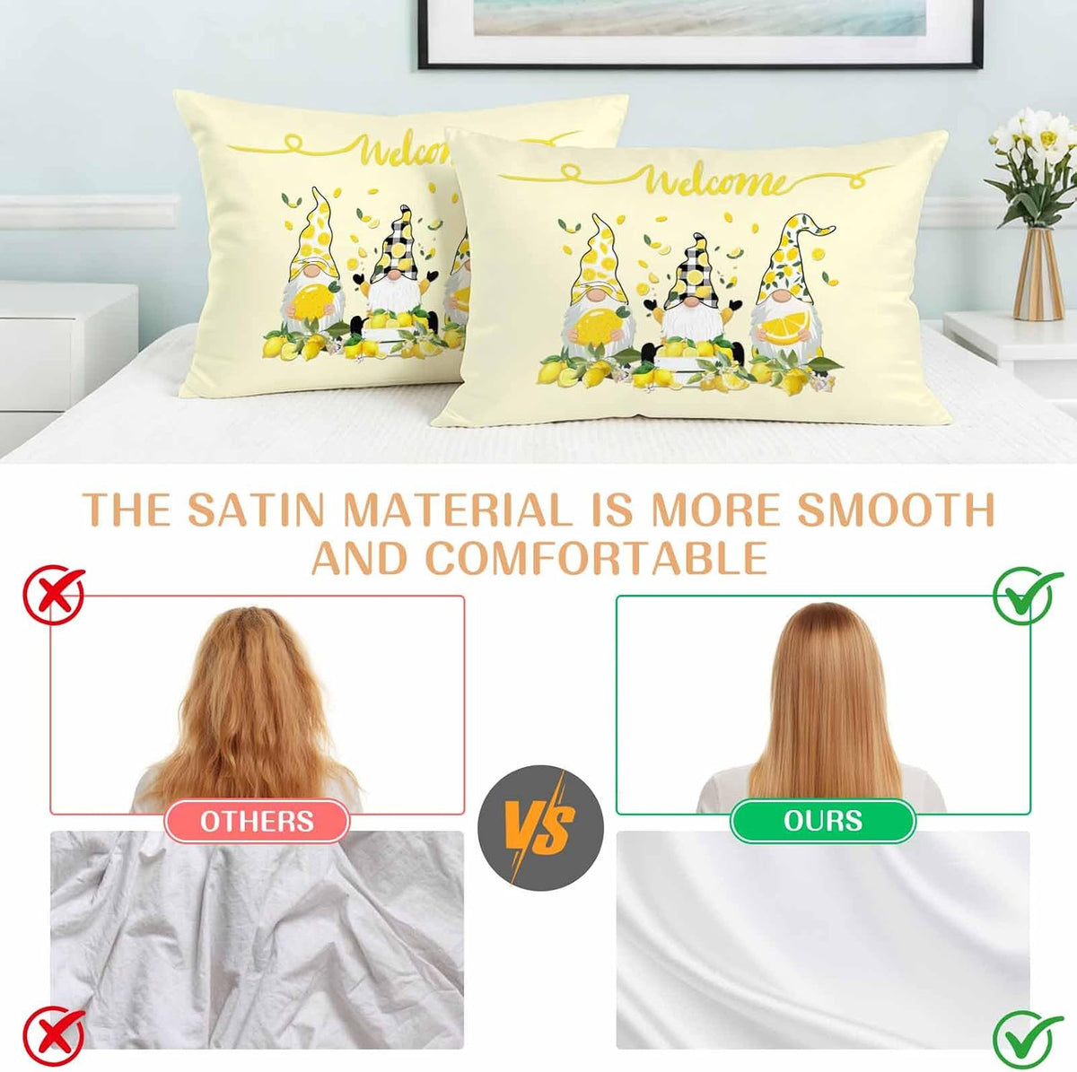Lemon Gnomes King Standard Pillow Cases Set of 2, Vintage Fruit Yellow Welcome Satin Pillow Case Cover with Smooth Hidden Zipper Closure, Soft Throw Pillow Covers Cases for Home Decor 20X36 Inch