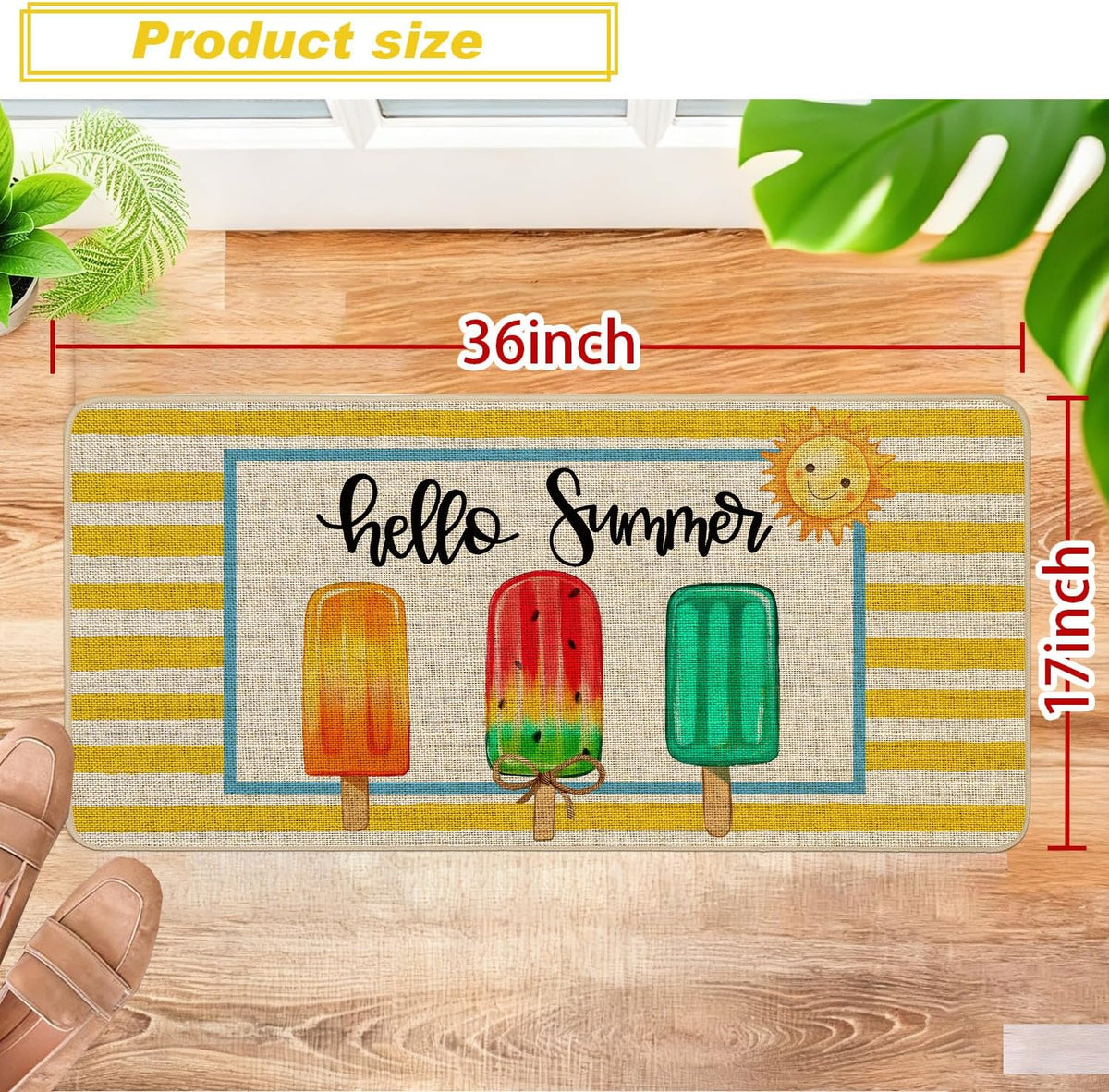 Summer Doormat 17x29 inch, Popsicle Yellow Striped Hello Summer Welcome Door Mat Rug for Floor Non Slip Rubber Backing Seasonal Holiday Decor for Indoor Outdoor