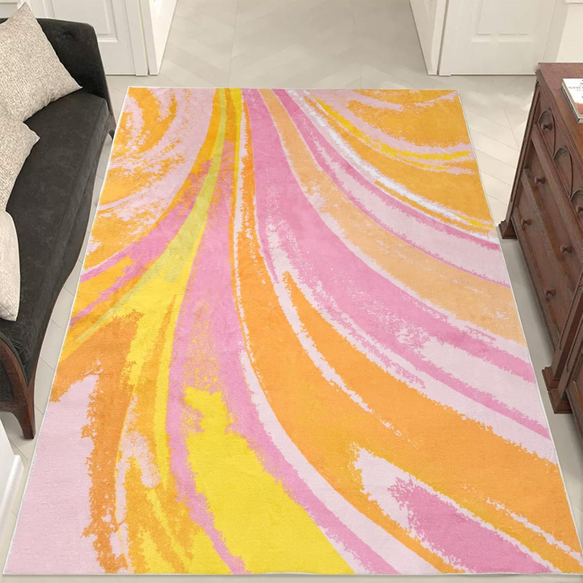 Colorful Striped Area Rug, Soft Fluffy Shaggy Decor Rug Non-Slip Washable Carpet for Bedroom, Living Room, Entryway, Pink and Yellow, 47'x71'