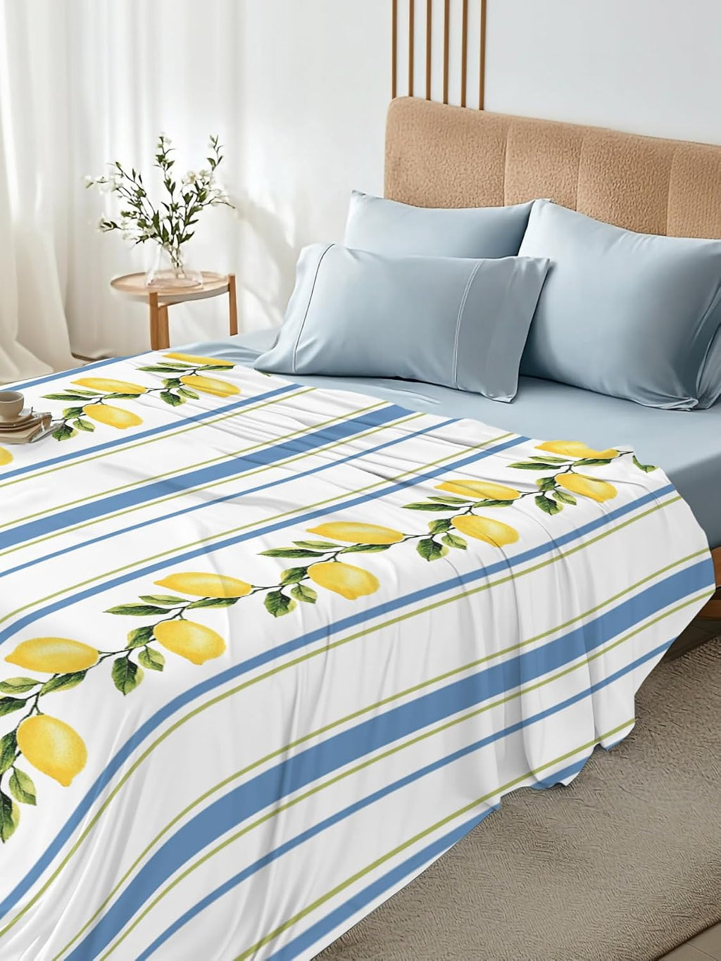 Flat Sheets Queen Size Bedding Sheet,Summer Lemon Leaves Soft Microfiber Breathable Top Sheets for Bedroom Hotel Luxury-1 Bed Flat Sheet Only,Blue Yellow Striped